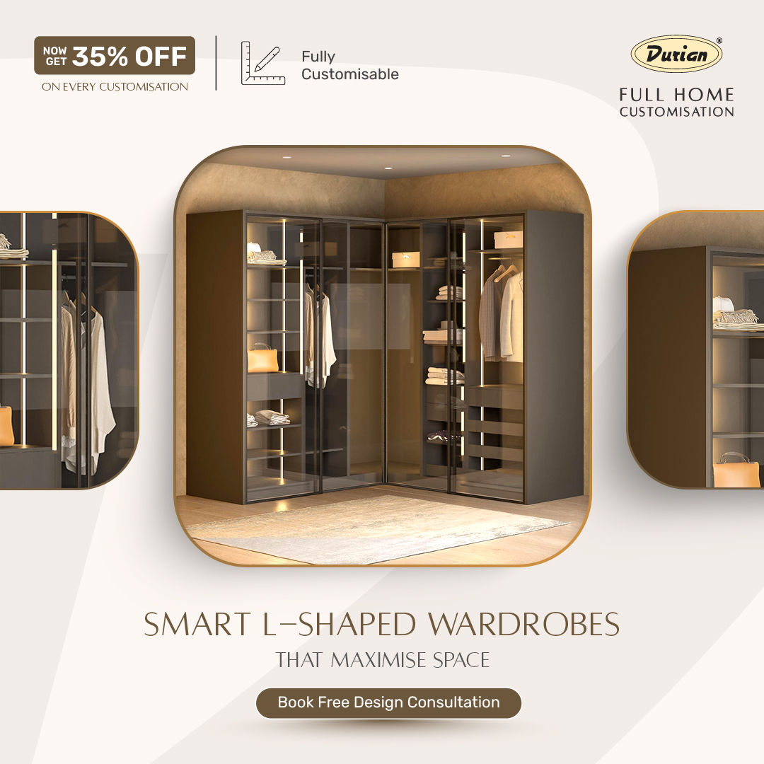 Durian Full Home Customisation Facebook ad: Upgrade your storage with Durian modular wardrobes.
