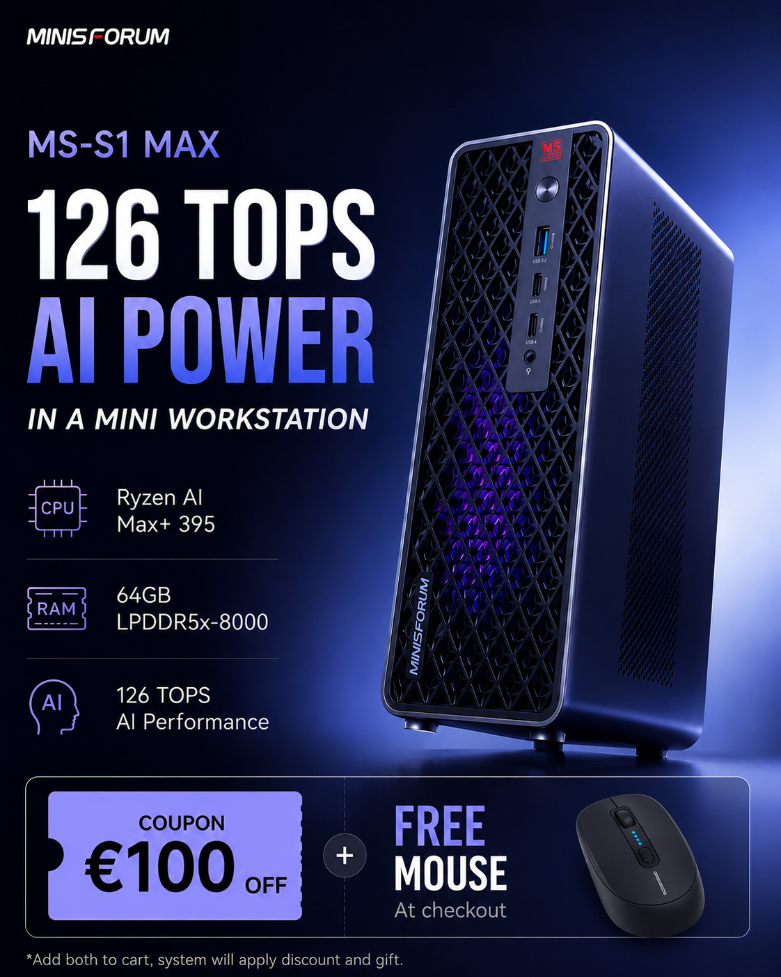 Minisforum EU Deals Facebook ad: Save €100 on the MS-S1 MAX