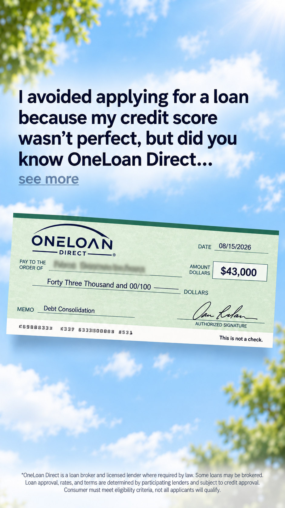 OneLoan Direct Facebook ad: Borrow Up to $50K