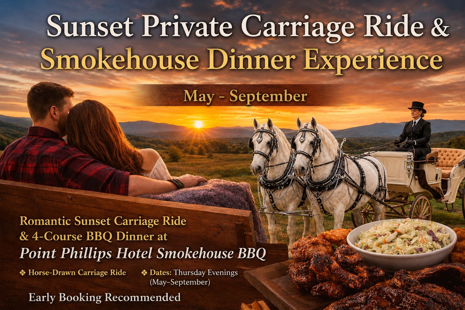 Bethlehem Carriage Company Facebook ad: NEW! Sunset PRIVATE CARRIAGE RIDE & Smokehouse Dinner…