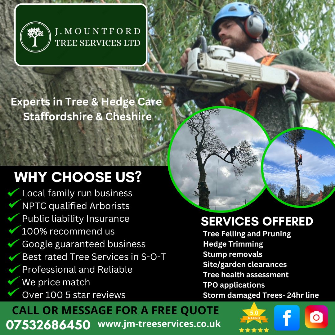 J Mountford Tree Services LTD Facebook ad: Local trusted Tree Surgeon.