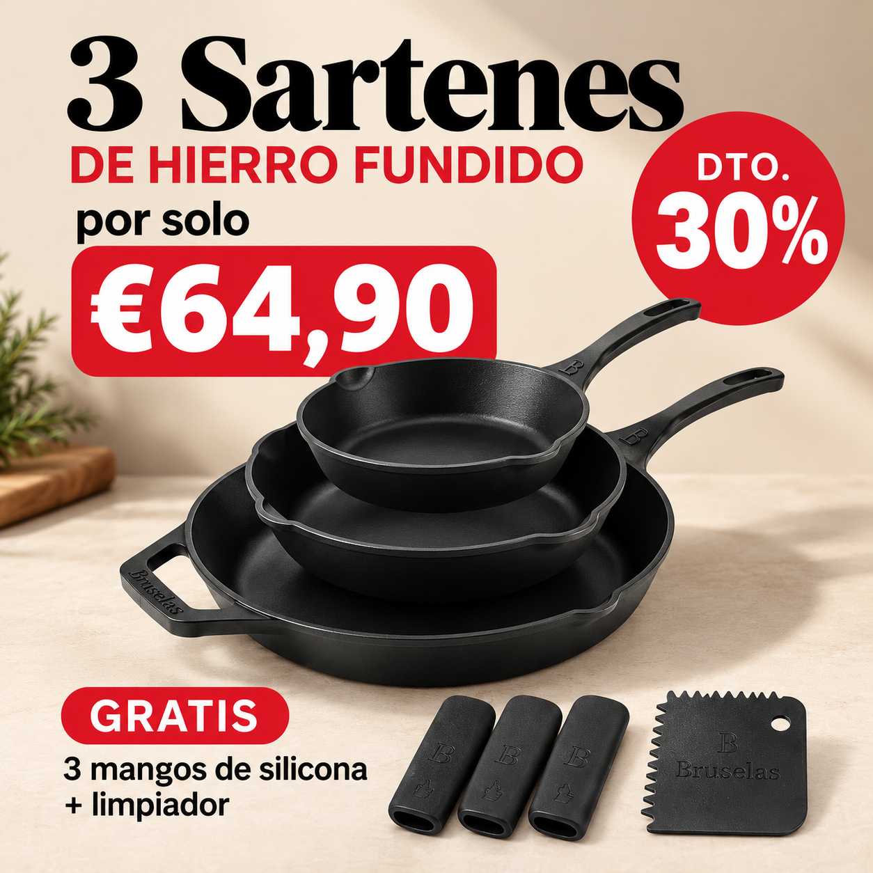 Bruselas Cocina Spain Facebook ad: 3 sartenes de hierro fundido por solo 64,90 €