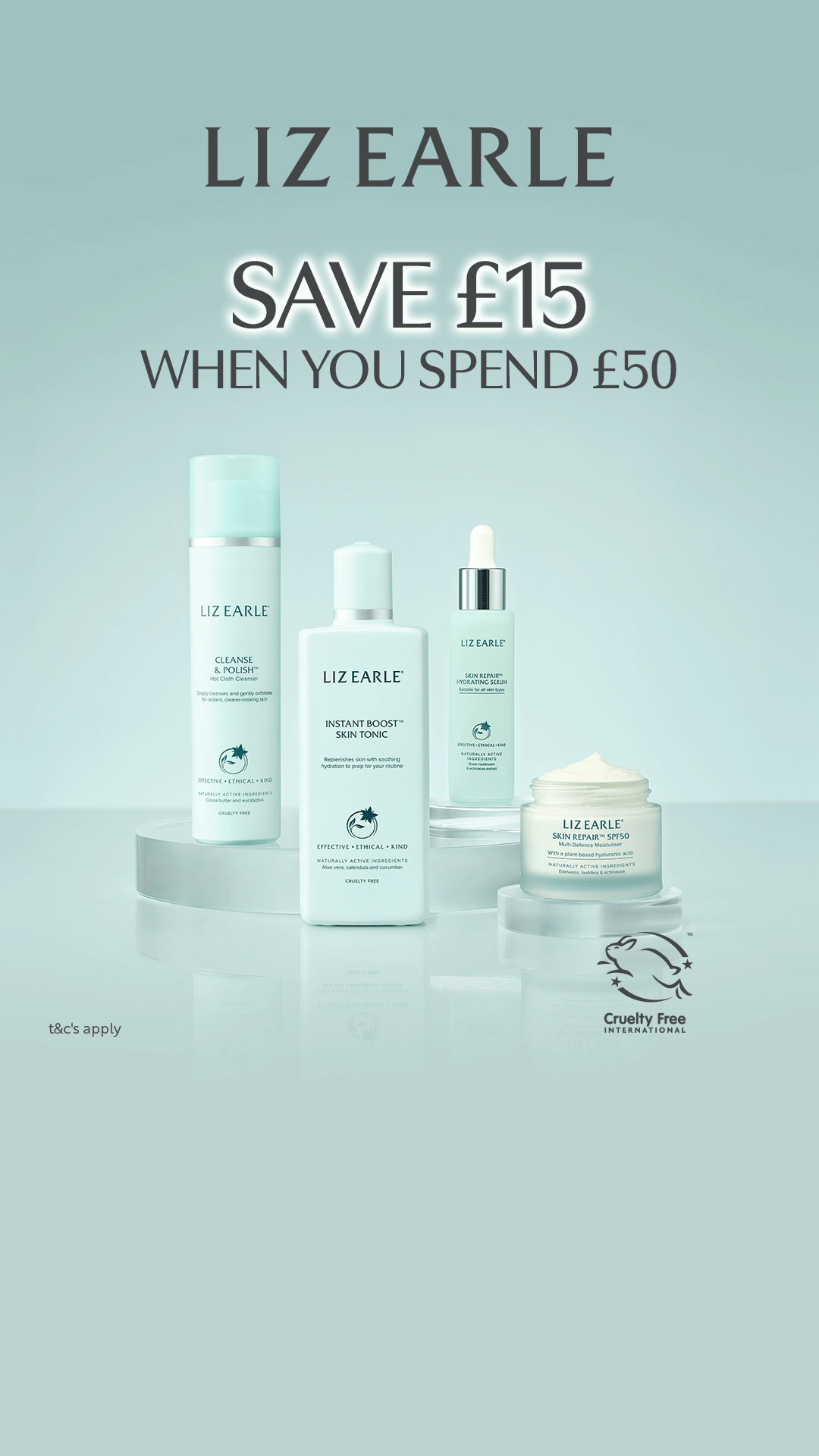 Liz Earle Beauty Co. Facebook ad: Save £15 when you spend £50