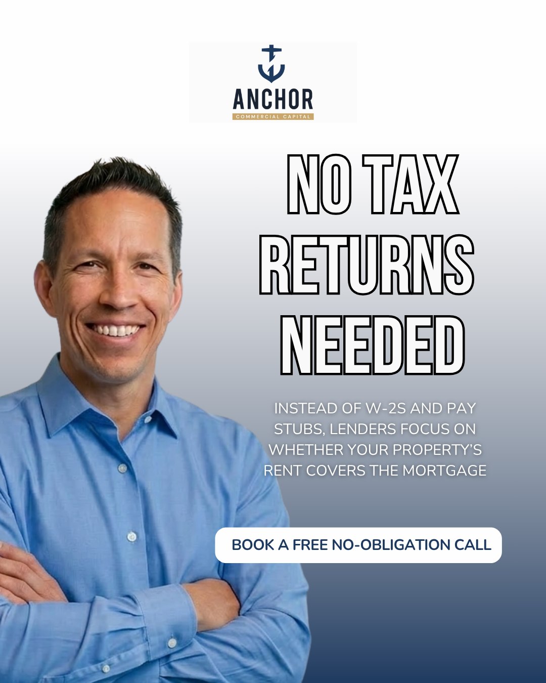 Anchor Commercial Capital Facebook ad: No W-2s. No tax returns.