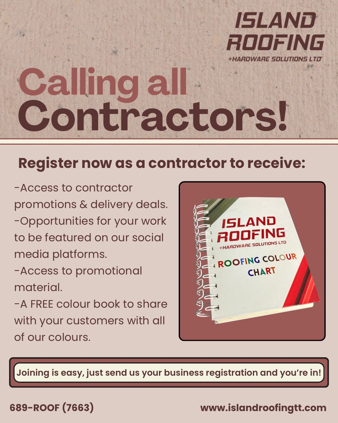 Island Roofing & Hardware Solutions Ltd. Facebook ad: Contractors, we're here to help you.