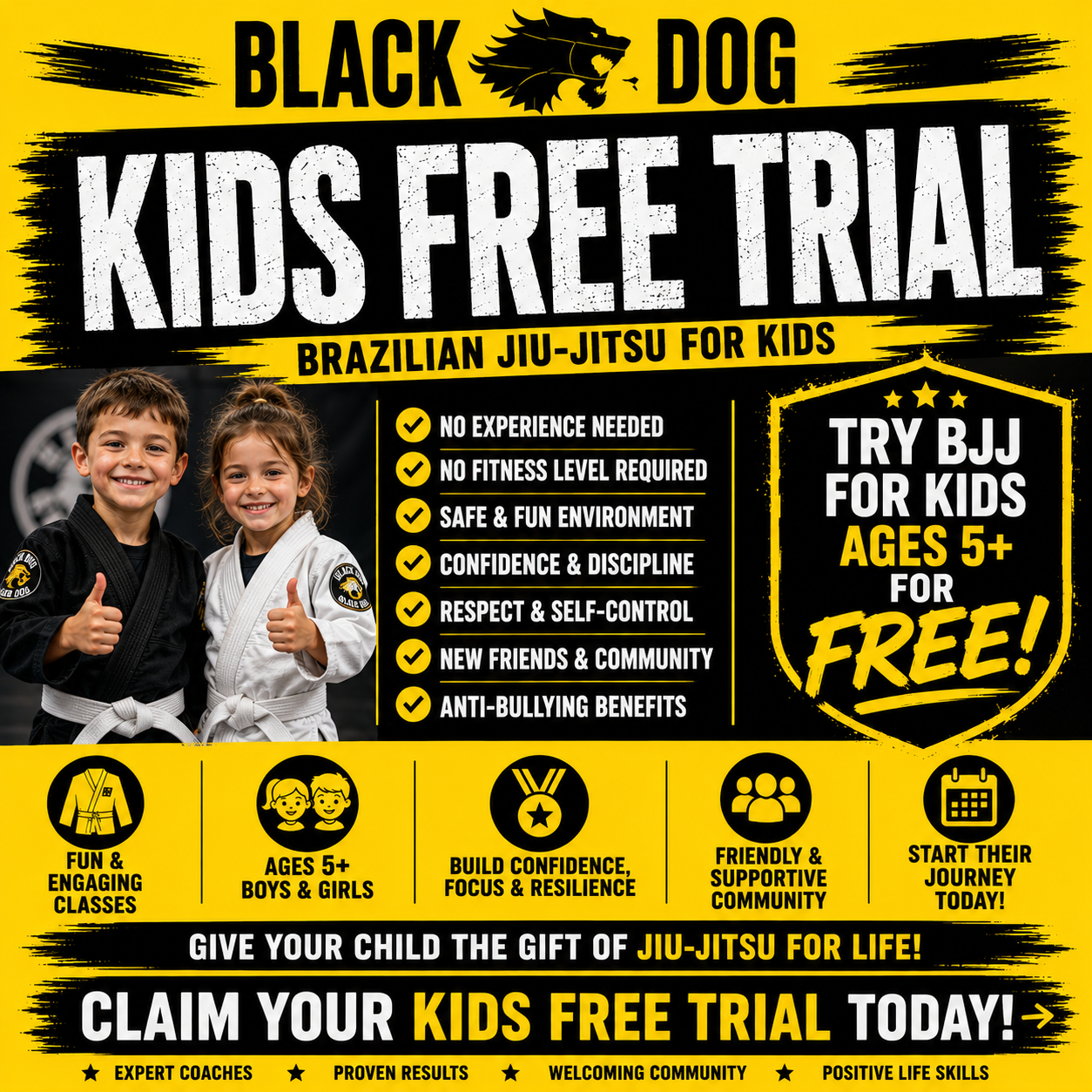 Black Dog Brazilian Jiu Jitsu Facebook ad: Got A Kid With TOO Much Energy?