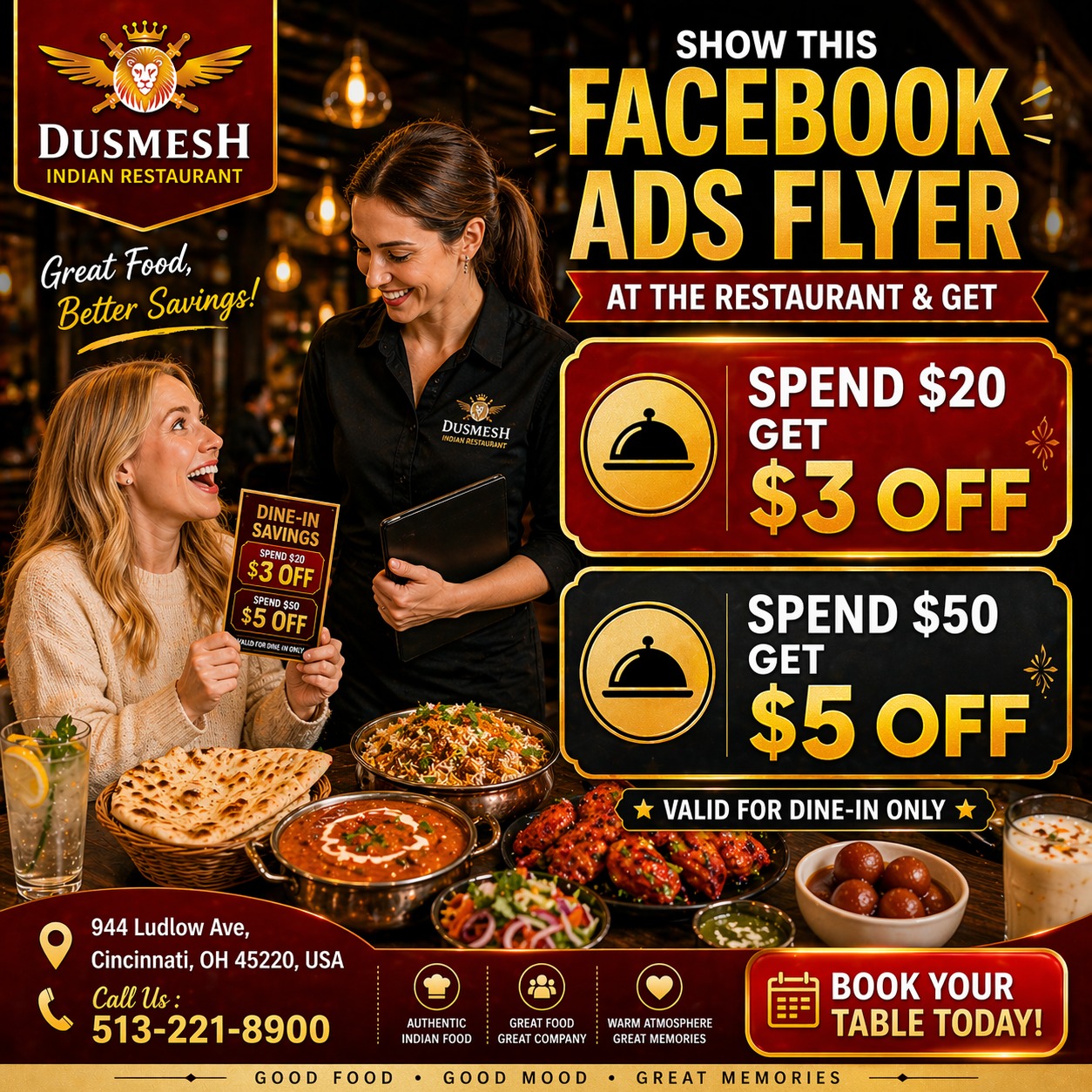 Dusmesh Indian restaurant & Bar Facebook ad: Show This Ad & Save on Dine-In Today!