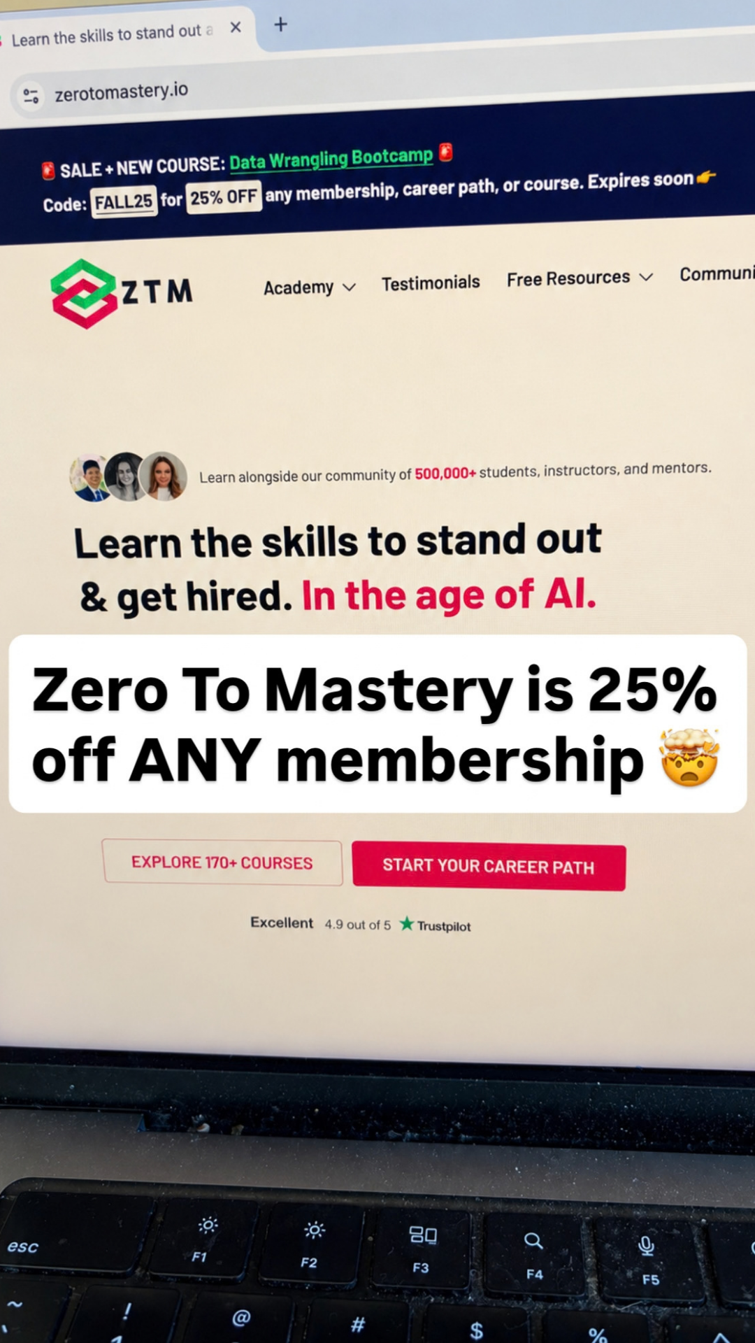 Zero To Mastery Facebook ad: 25% OFF ANY MEMBERSHIP