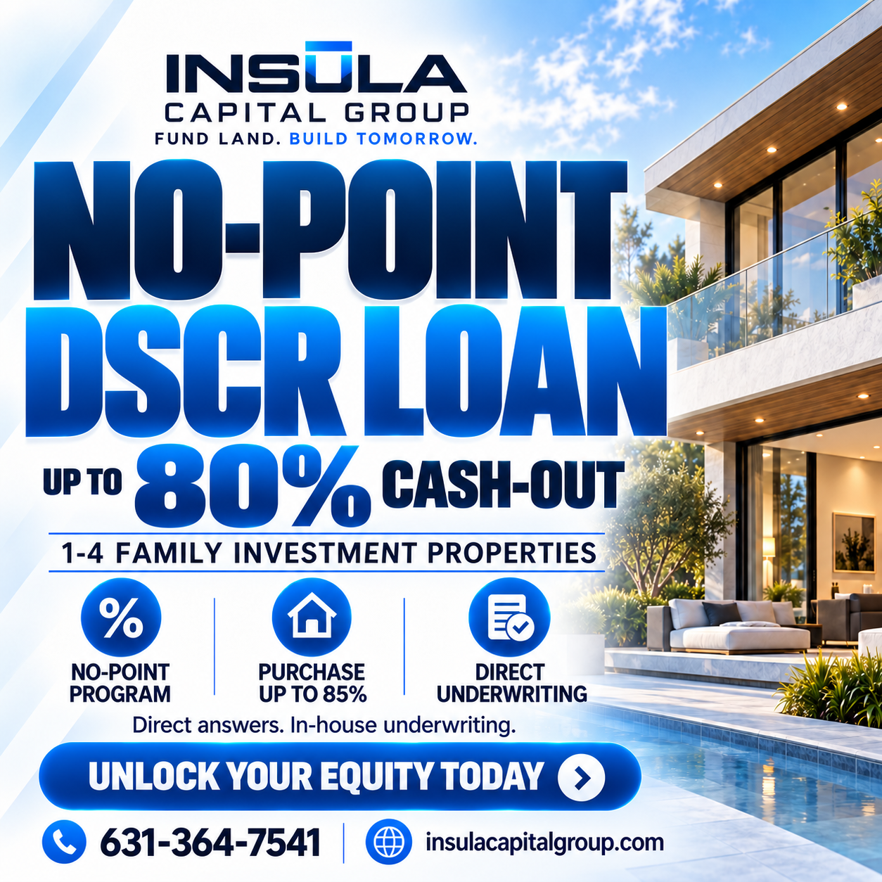 Insula Cap 2.0 Facebook ad: No-point DSCR, 1-4 units. Up to 80% cash out.