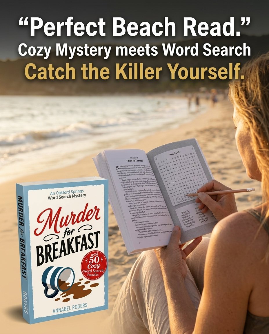 Oakford Springs Murder Mysteries Facebook ad: Read the Story. Solve 50 Puzzles. Catch the Killer.