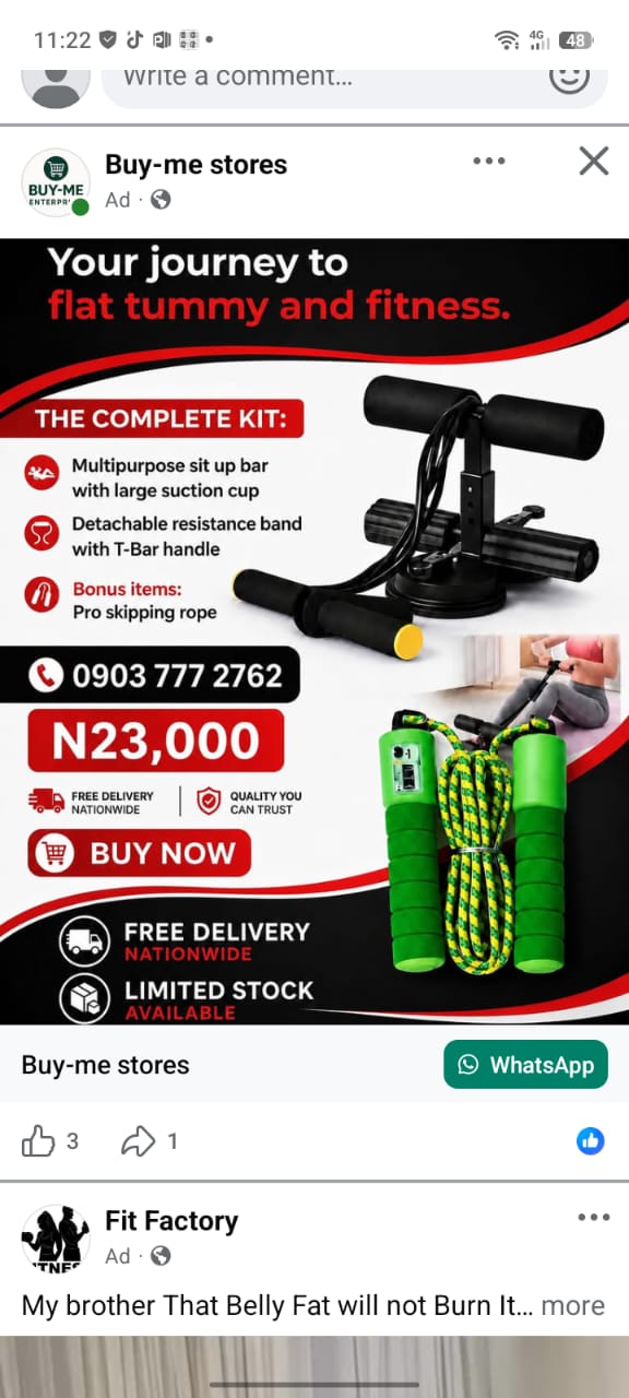 Buy-me stores Facebook ad: SIT UP BAR AND SKIPPING ROPE - N23,000