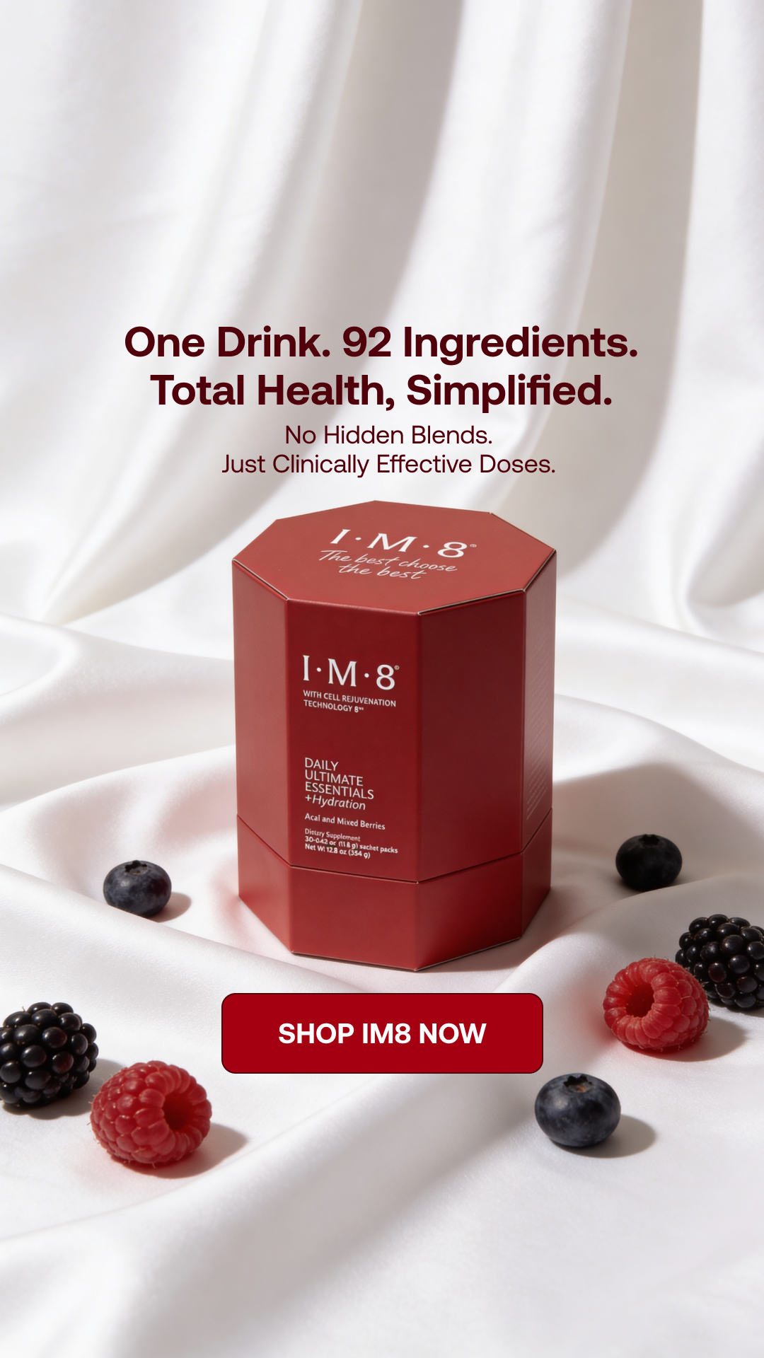 IM8 Facebook ad: One Scoop. 16 Supplements. Zero Guesswork.