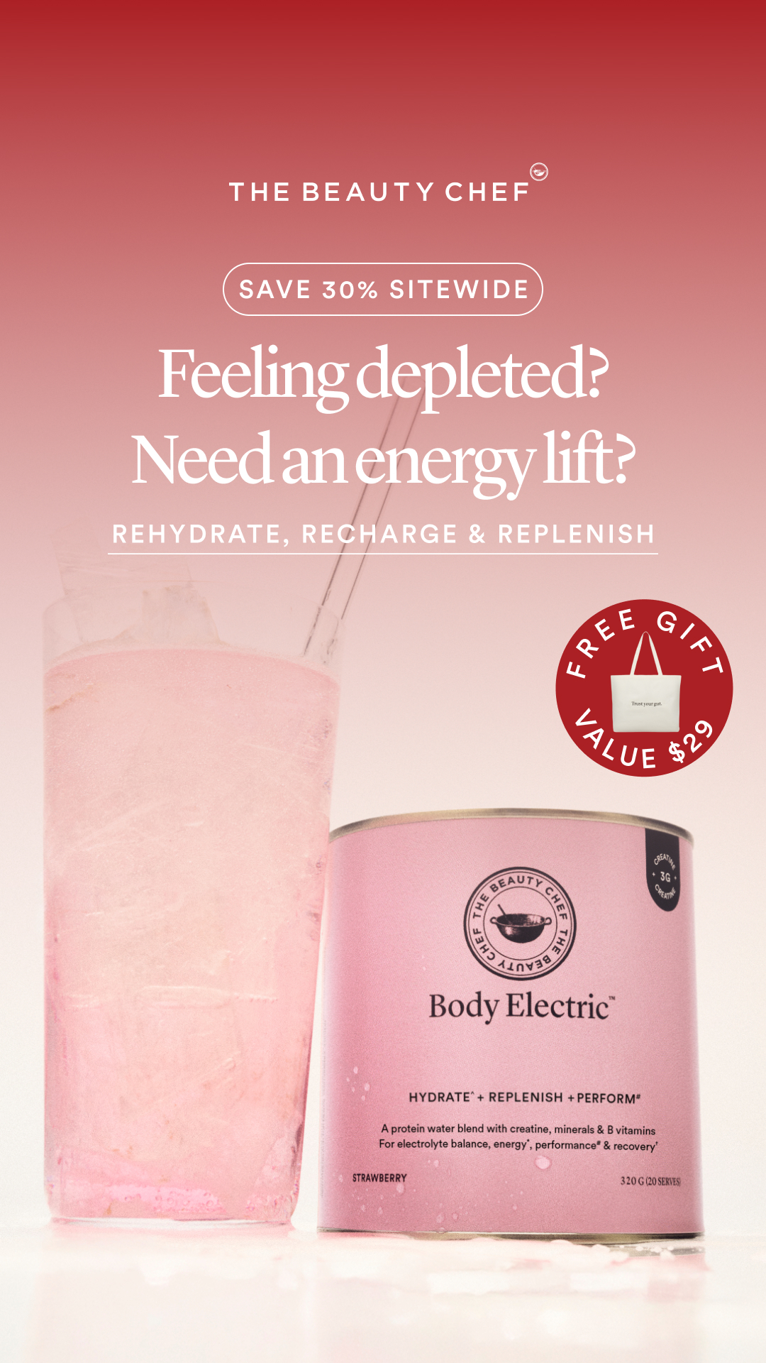 The Beauty Chef Facebook ad: 30% off-Rehydrate, recharge & replenish