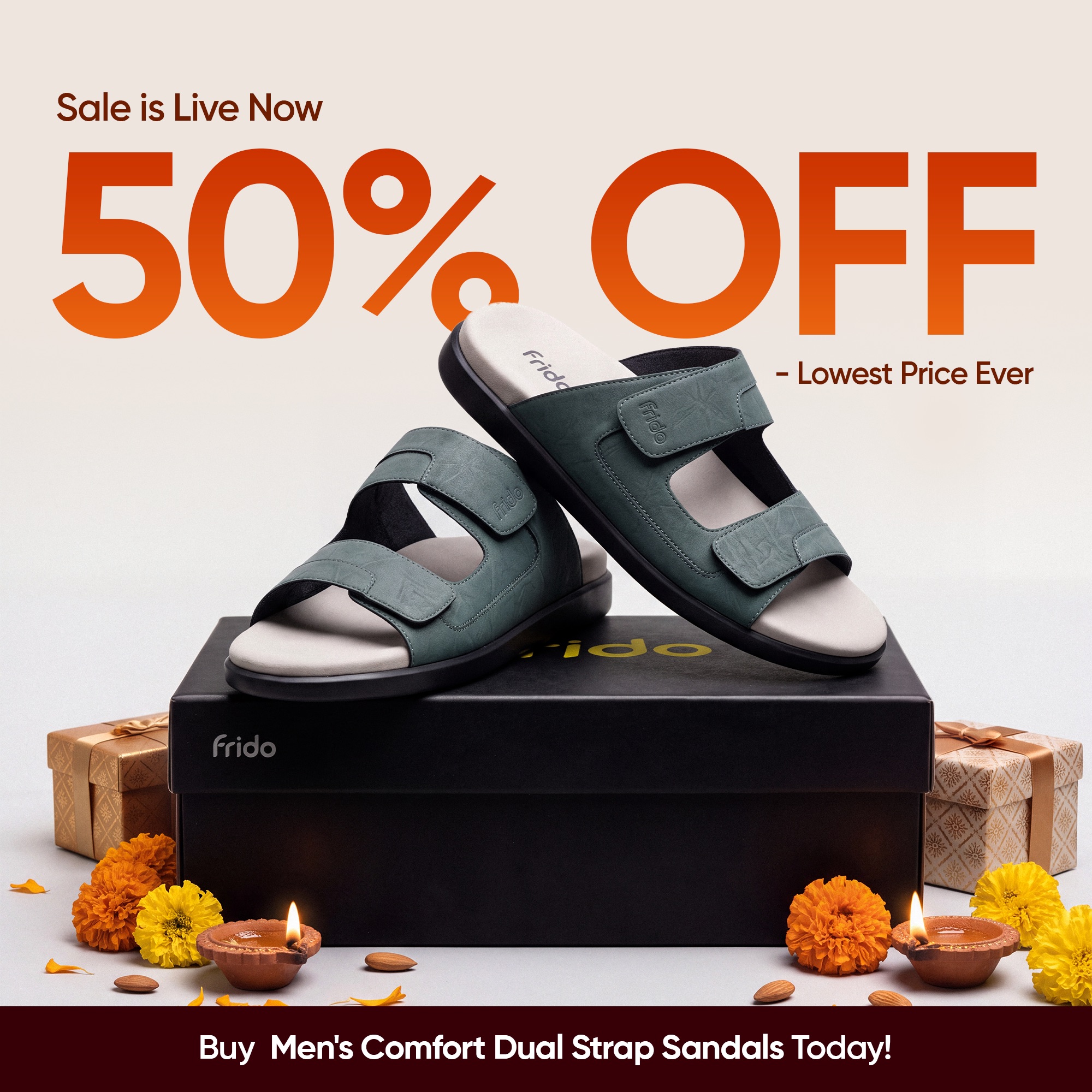 Frido Facebook ad: Strap In For Diwali! Get 50% Off, Lowest Price Ever!
