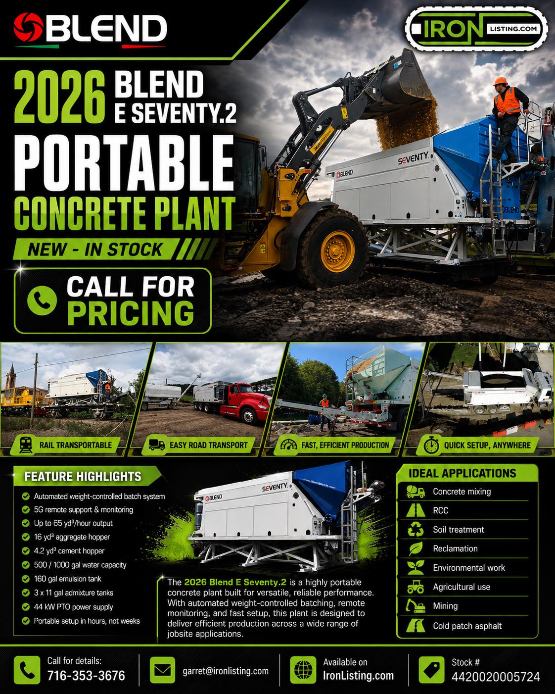 IRON Listing.com Facebook ad: 2026 Blend E Seventy.2 Portable Concrete Plant, New…