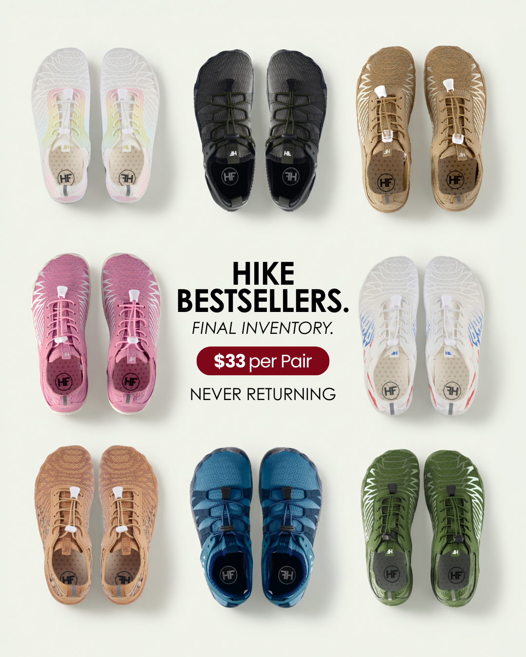 HIKE Footwear Facebook ad: $33/Pair. Choose Your 3