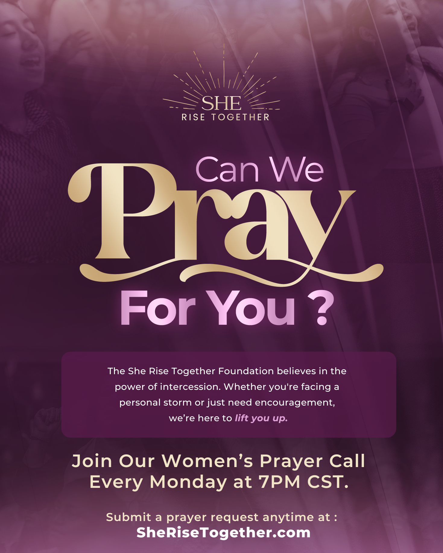 She Rise Together Foundation Facebook ad: Sisterhood. Prayer. Strength.