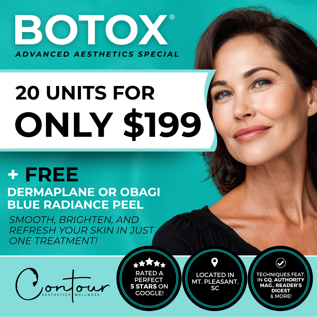 Contour Aesthetics & Wellness Facebook ad: 1 Area of Botox (20 units) + Dermaplane or Peel ONLY $199!