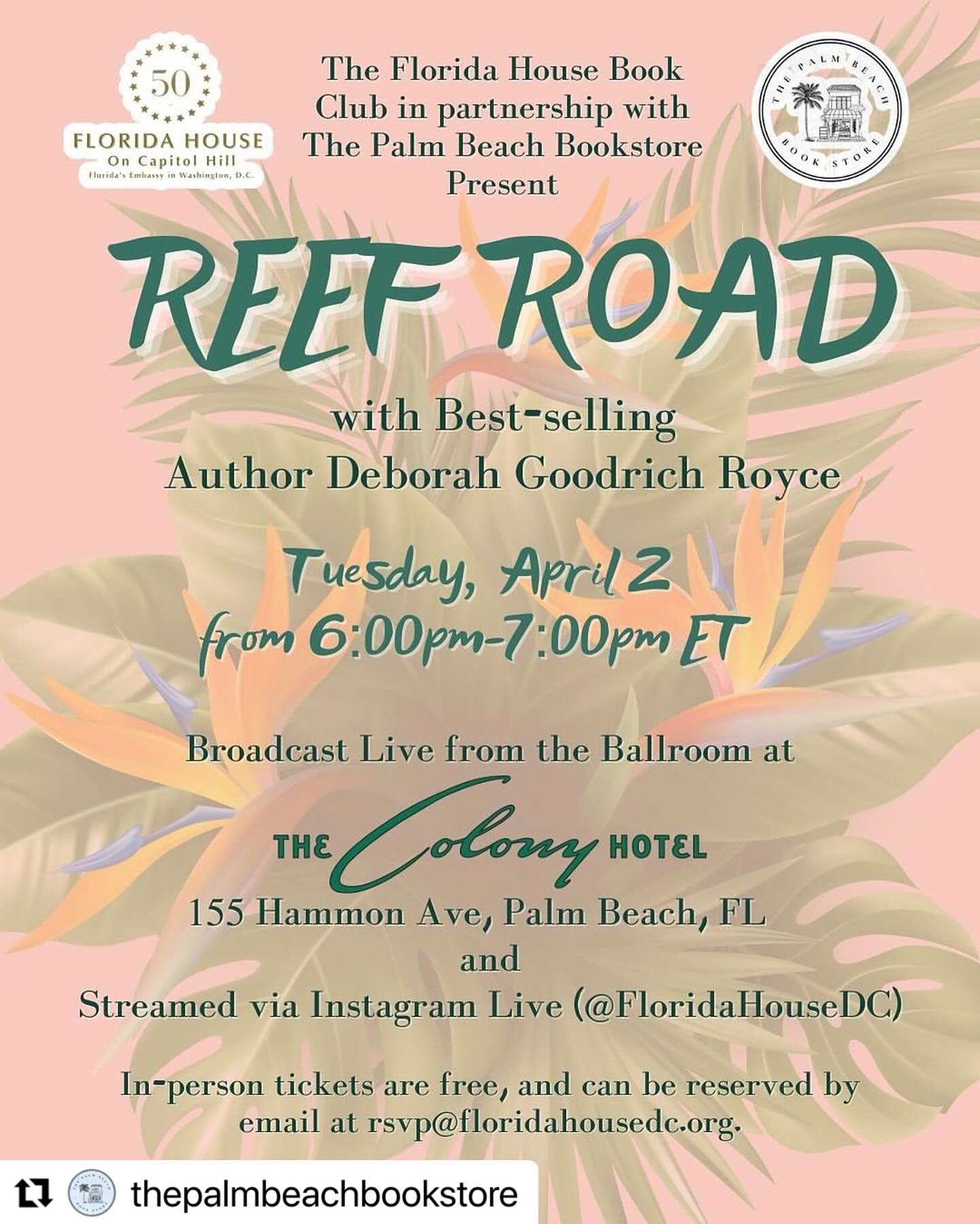 Deborah Goodrich Royce Facebook ad: Please join me and @thepalmbeachbookstore for a fabulous…