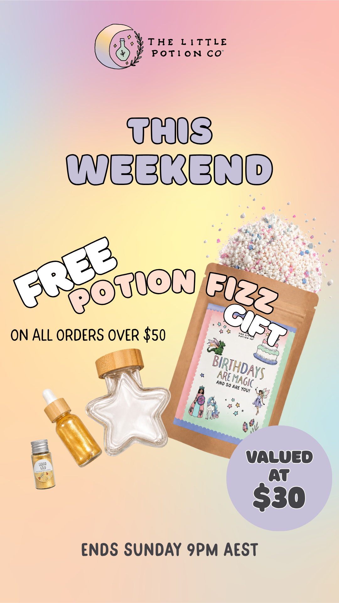 The Little Potion Co Facebook ad: FREE GIFT WHEN YOU SPEND $50+