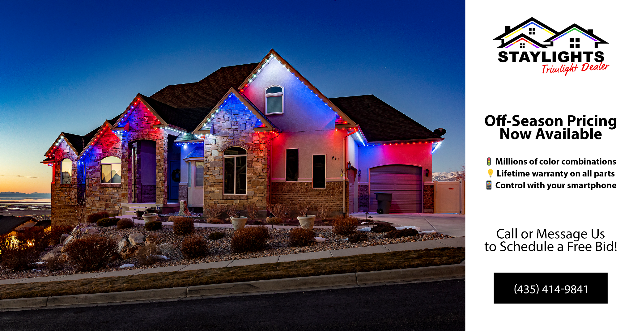 Staylights Facebook ad: Permanent Holiday & Year Round Programmable Lighting for…