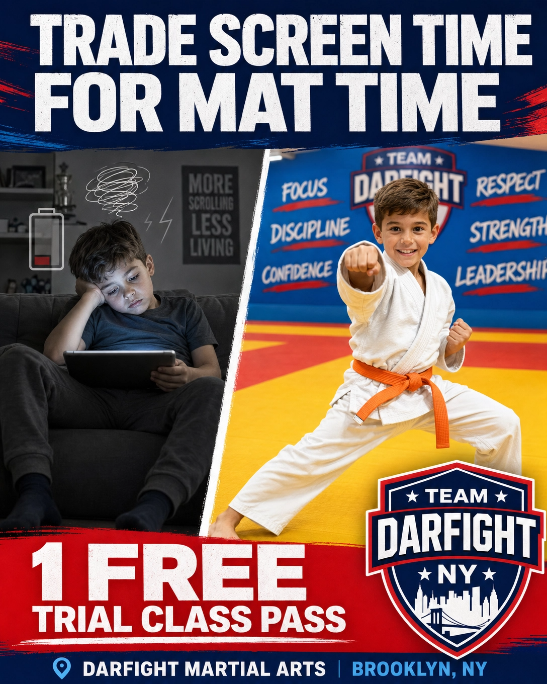 Darfight Facebook ad: Want a FREE Kids Martial Arts Trial Class Pass?
