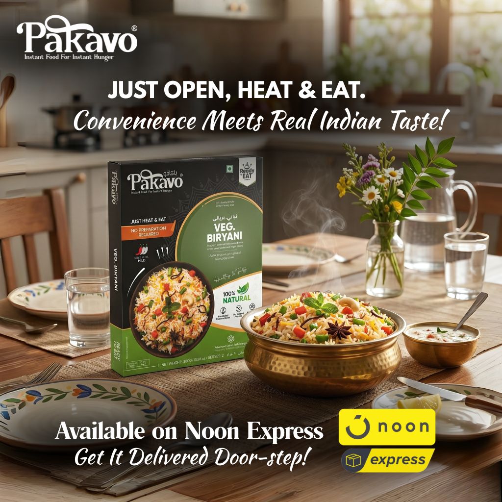 Pakavo Foods UAE Facebook ad: Just Open, Heat & Eat Biryani!