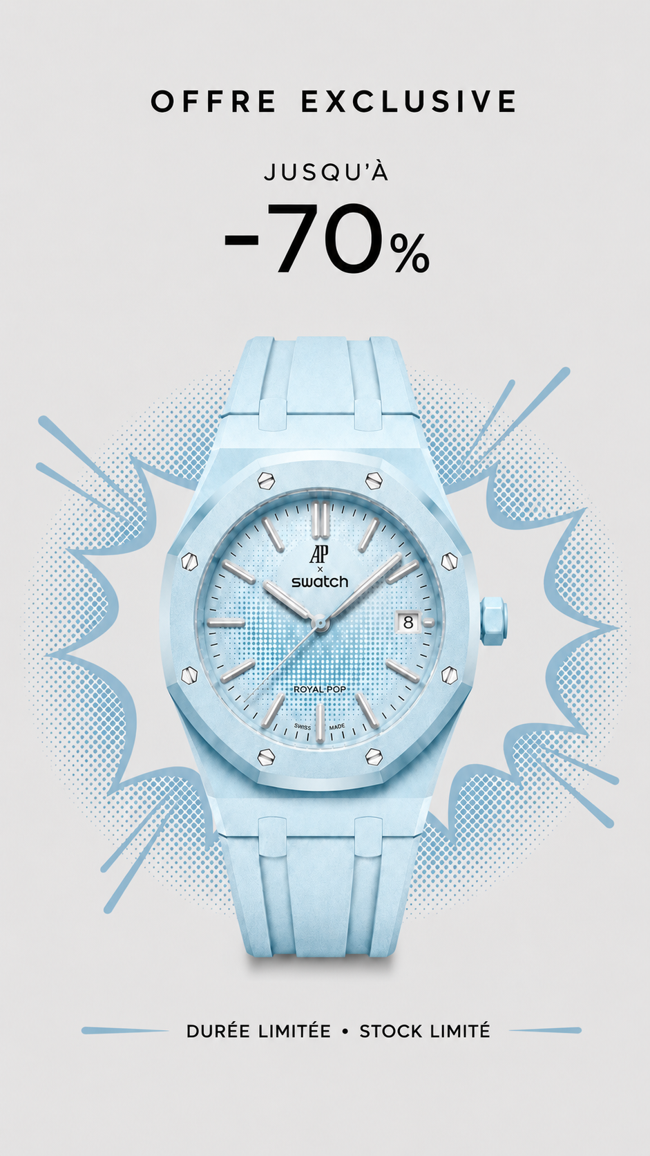 Chrono Society Facebook ad: Profitez de -70% sur la collection.