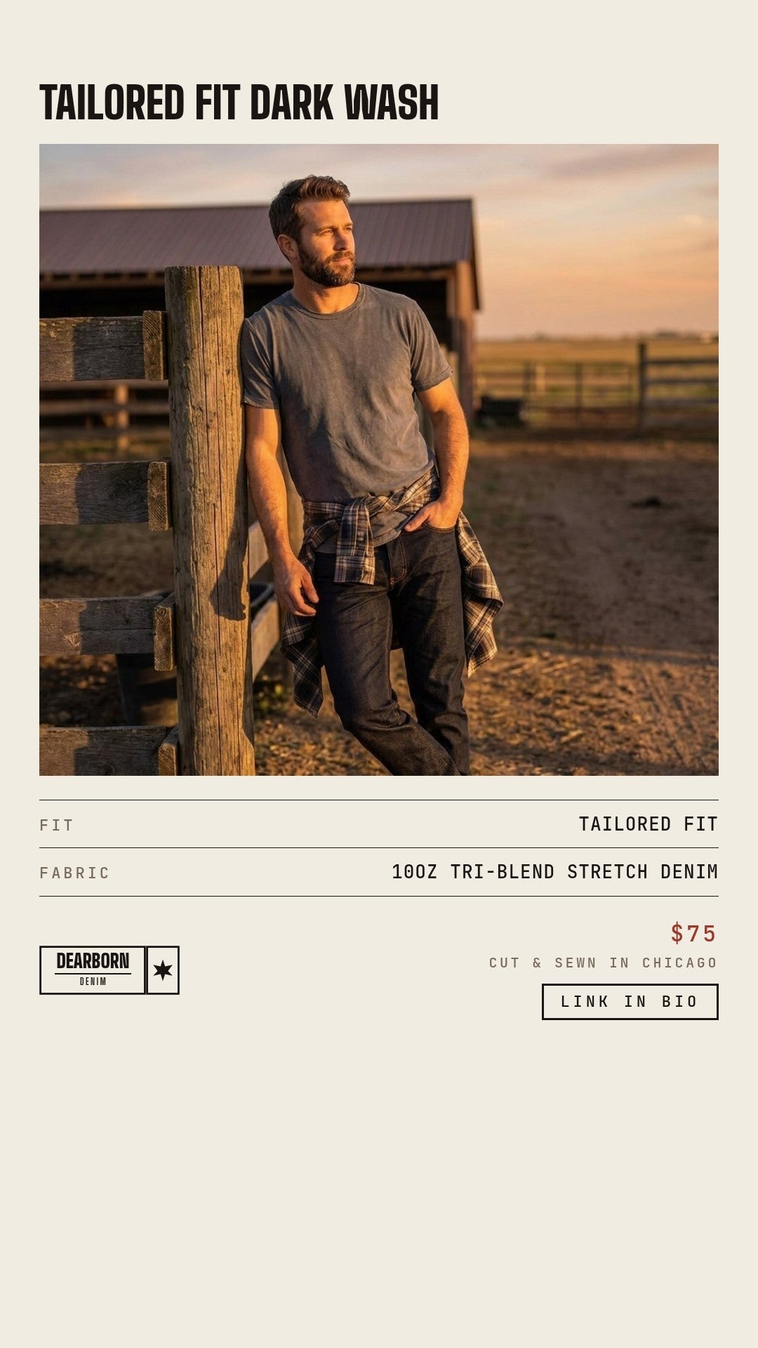 Dearborn Denim & Apparel Facebook ad: American Made. $75.