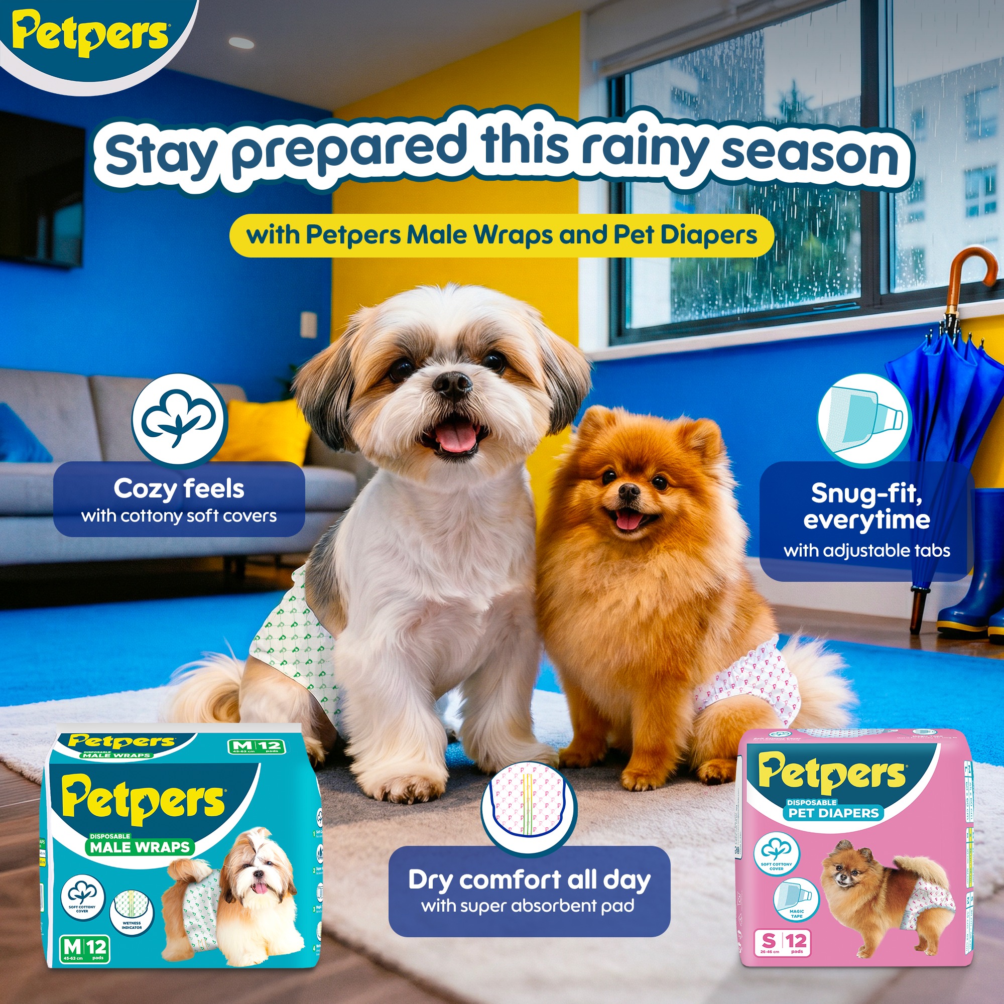 Petpers Facebook ad: Rainy routines feel easier with Petpers Male Wraps…