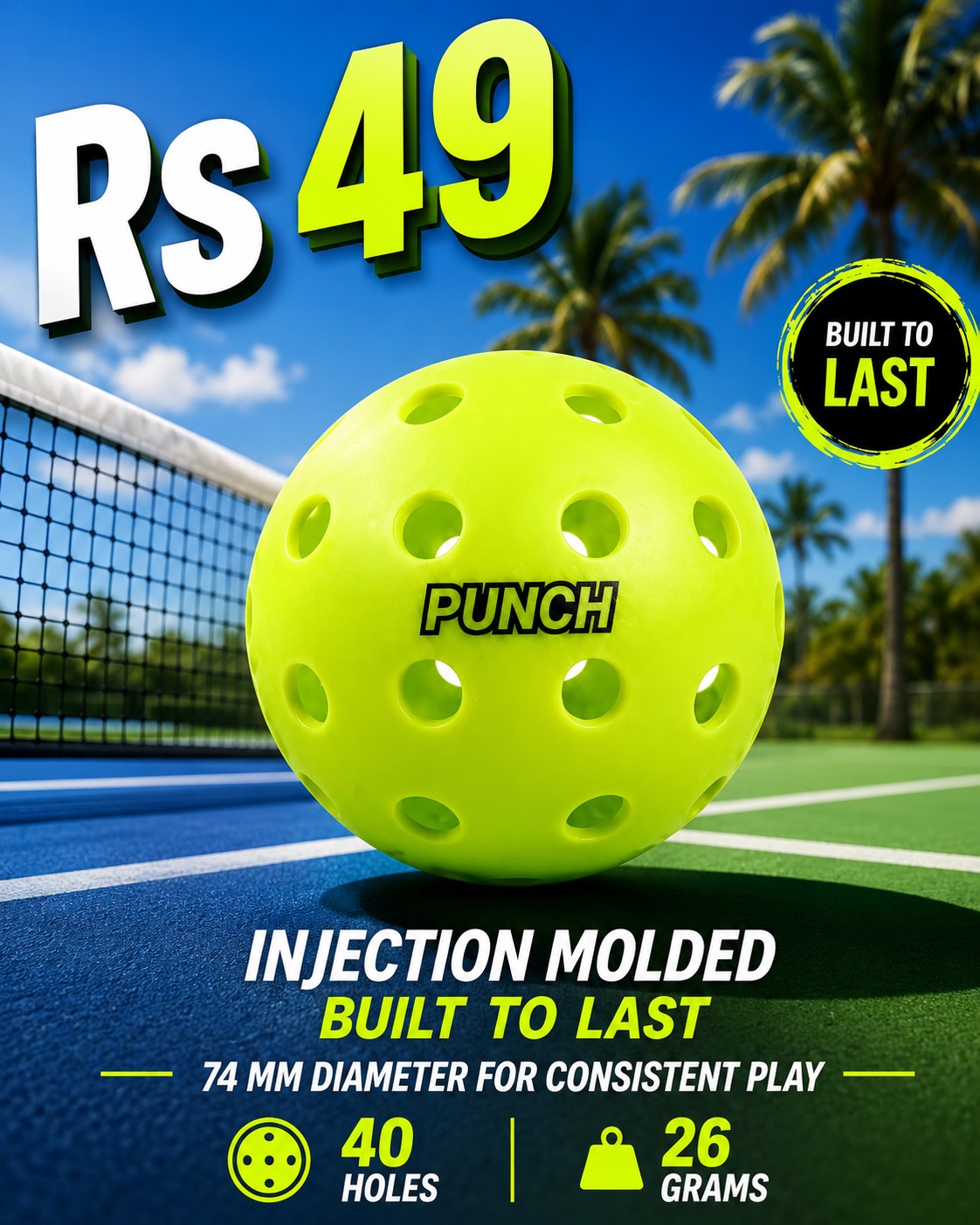 Bombaypickleballclub Facebook ad: Punch Pickleball Balls, Built to Last!