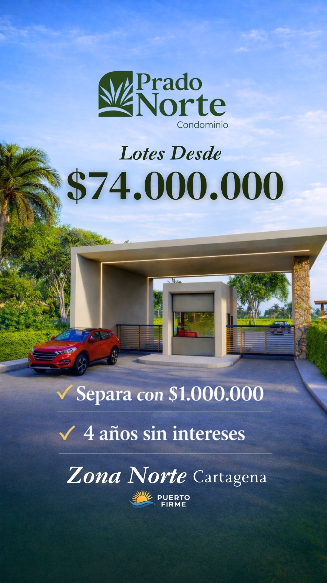 Puerto Firme Facebook ad: ¡Lanzamiento en Cartagena! Lotes de 200m² desde $74M…