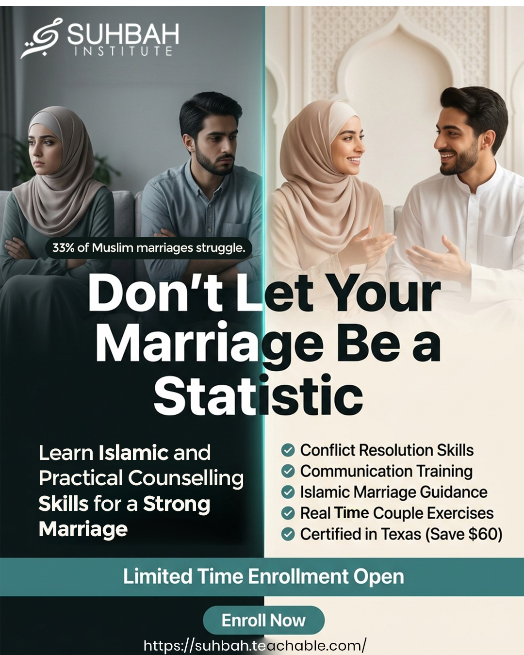 Suhbah Institute Facebook ad: Strong Marriages Aren't Lucky, They're Trained. Start…