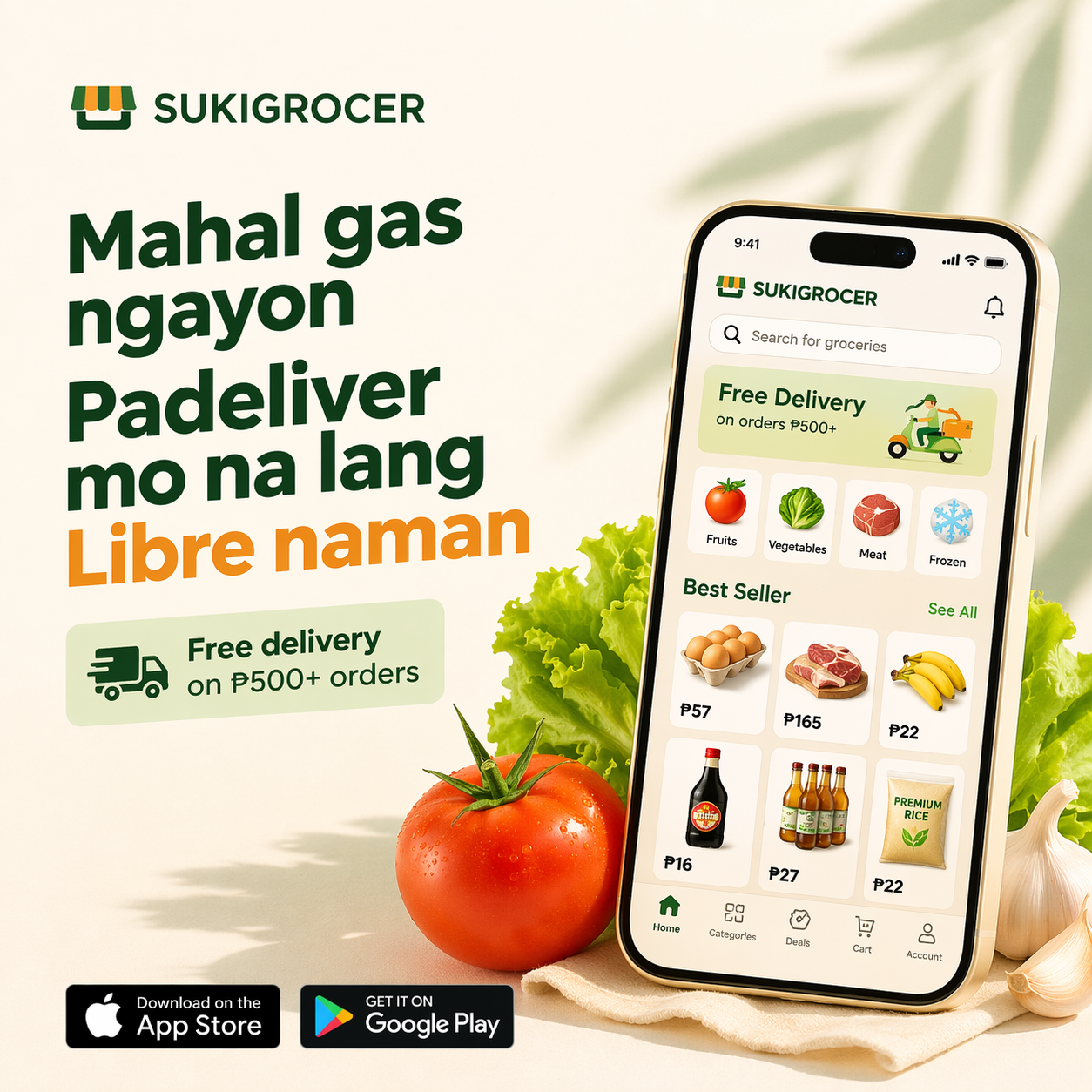 SukigrocerMNL Facebook ad: Free Delivery for min. P500 purchase.