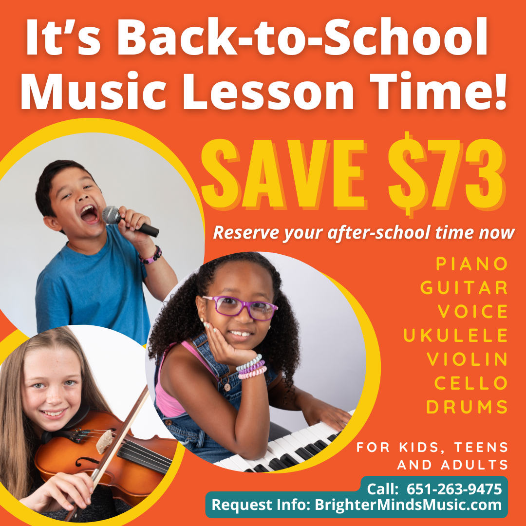 Brighter Minds Music Facebook ad: It's Back-to-School Music Lesson Time!