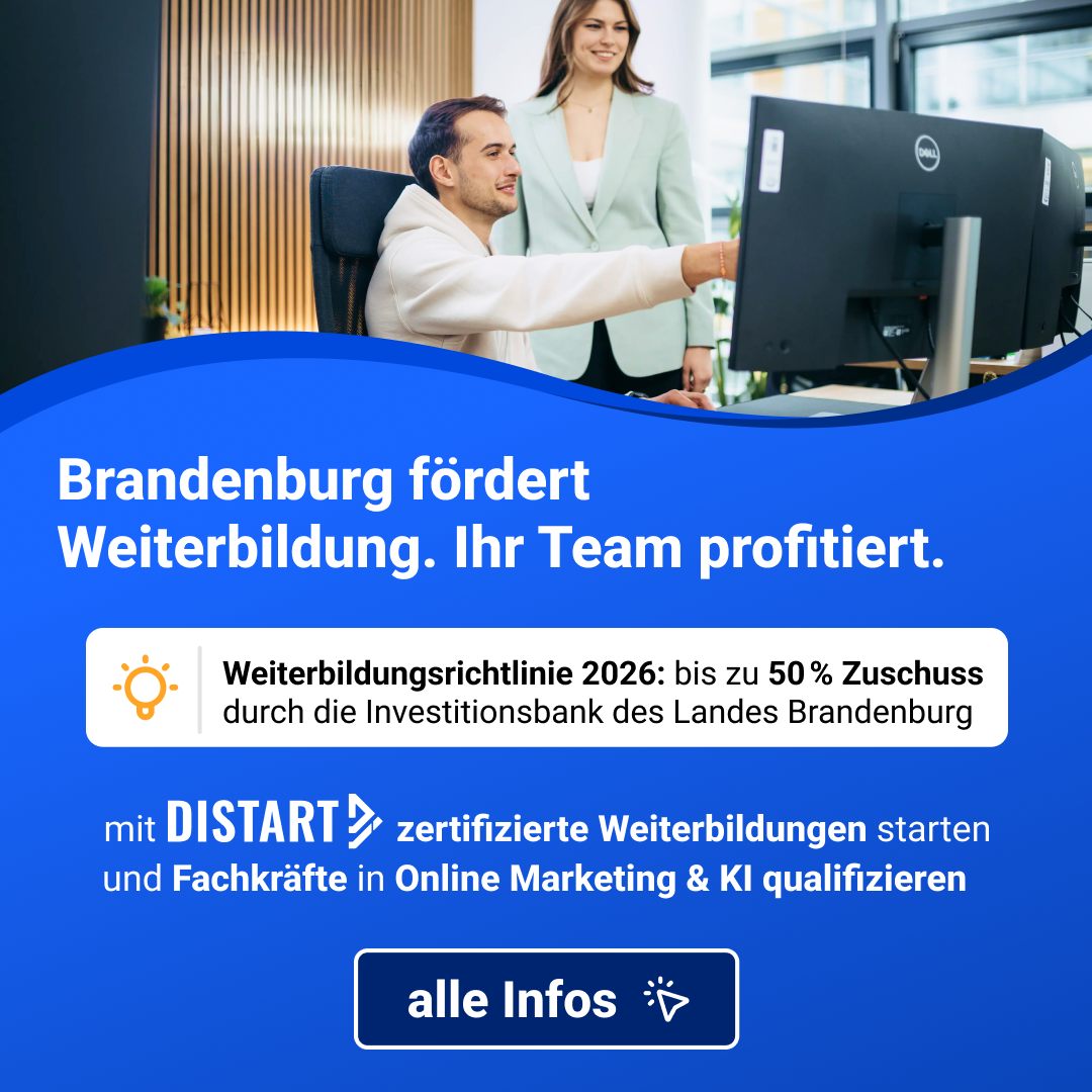 Distart Facebook ad: Bis zu 50% Förderung auf Weiterbildungen!