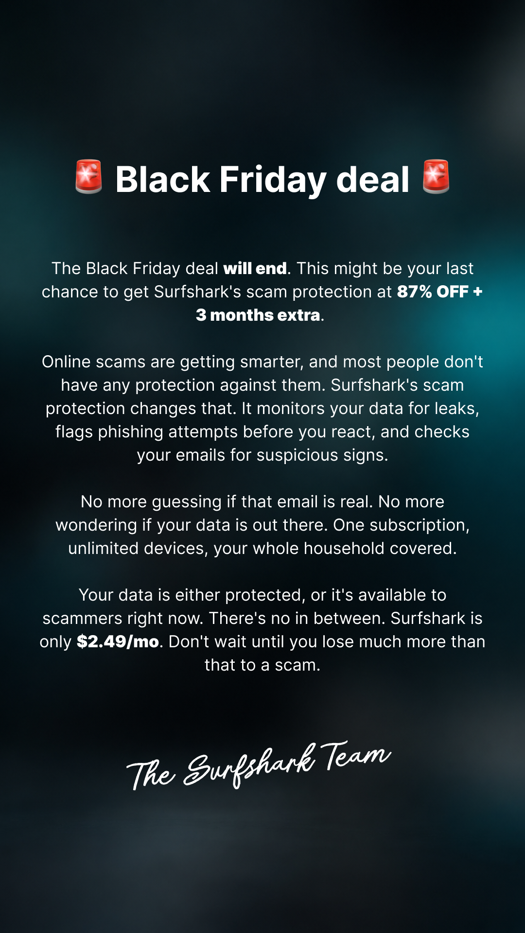 Surfshark Facebook ad: Surfshark from 85% off + 3 months extra