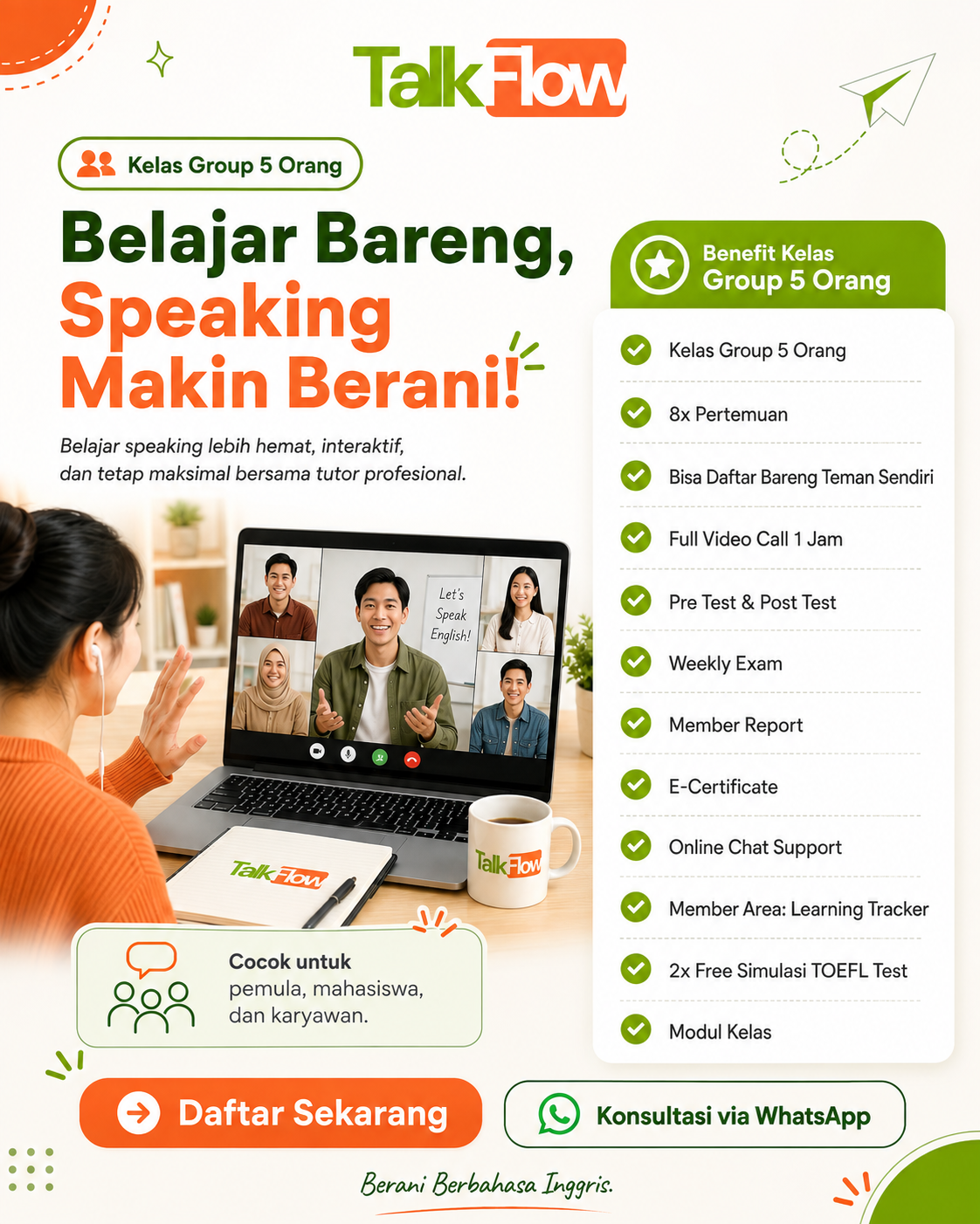 TalkFlow Facebook ad: Ajak Teman, Belajar Speaking Bareng!