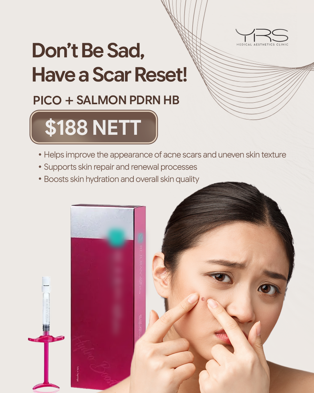 YRS Medical Aesthetics Clinic Facebook ad: YRS Scar Reset treatment | for $188 nett