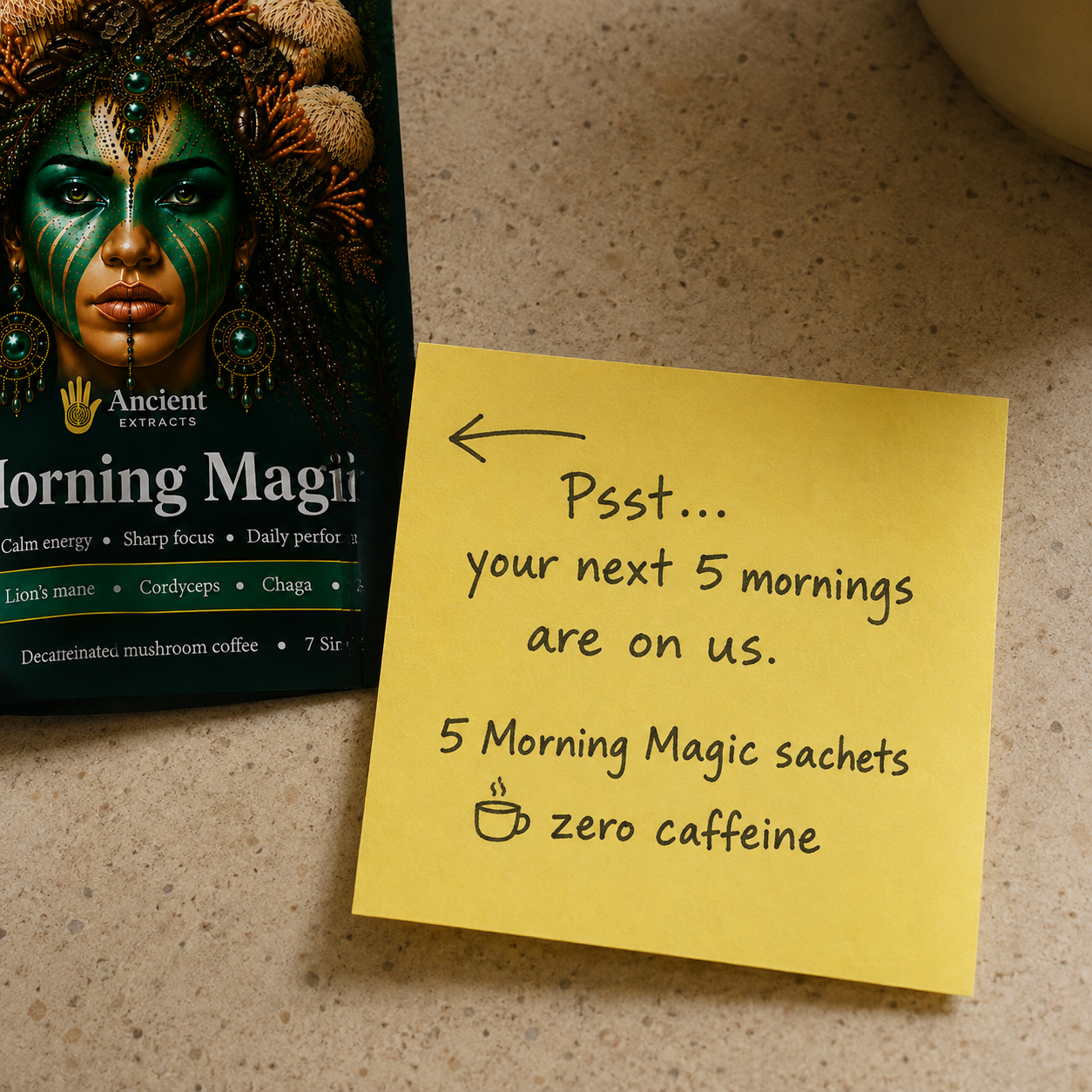 Ancient Extracts Facebook ad: 5 Mornings, No Caffeine (Claim Free Samples)