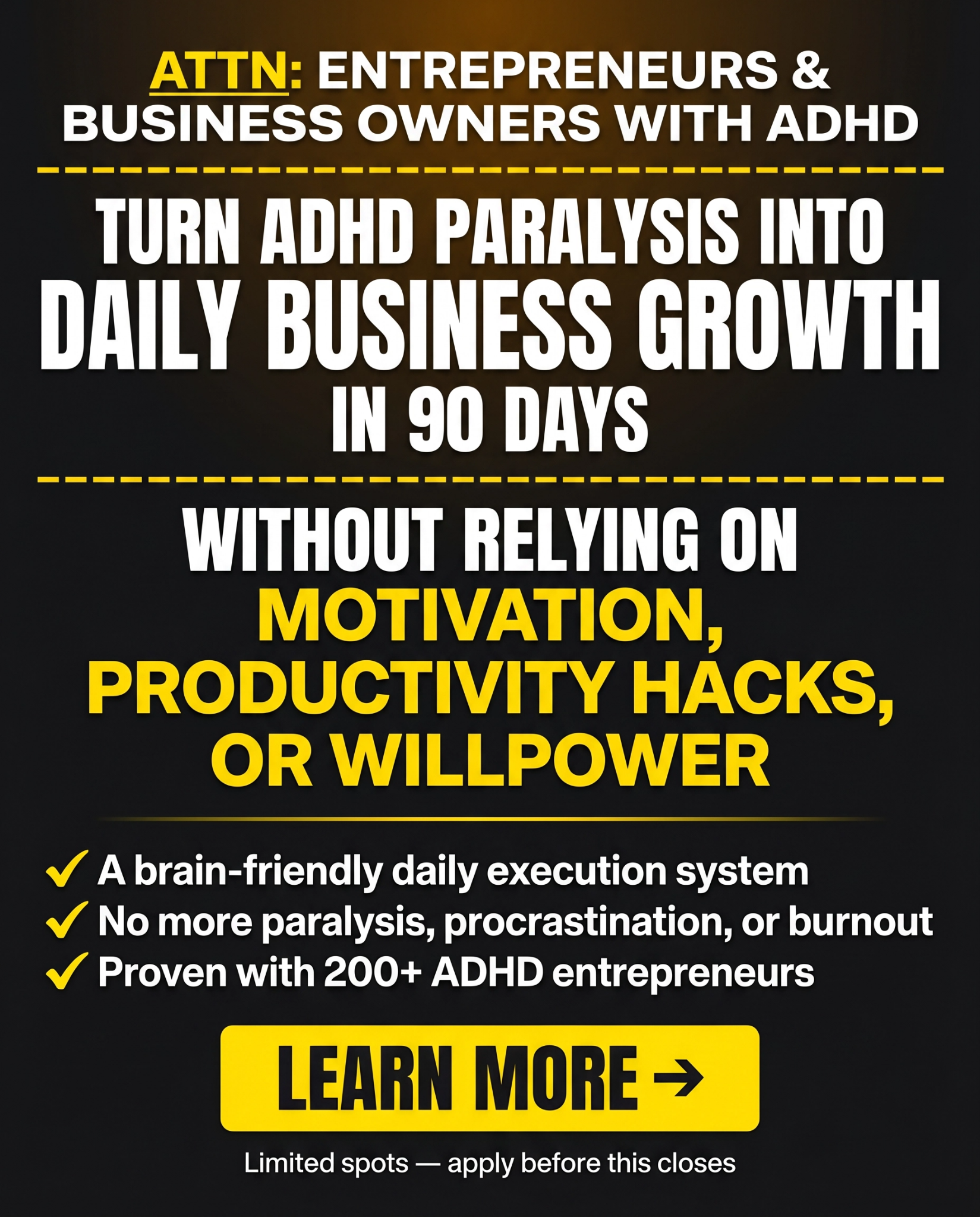 NeuroDiscipline Facebook ad: Turn ADHD Paralysis Into Daily Business Growth