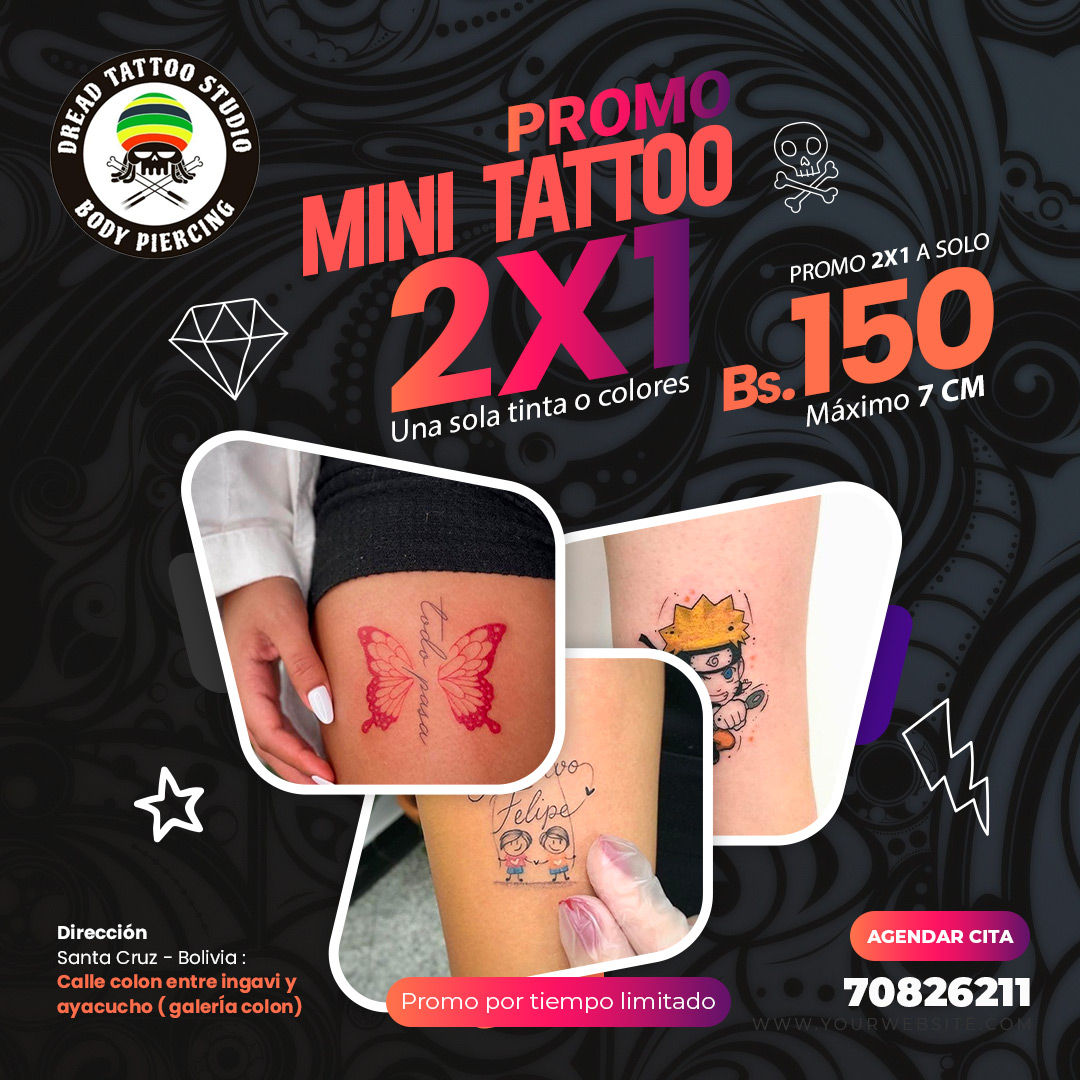Dread tattoo studio Facebook ad: VUELVE LA PROMO 2X1 EN MINI TATTOO de…