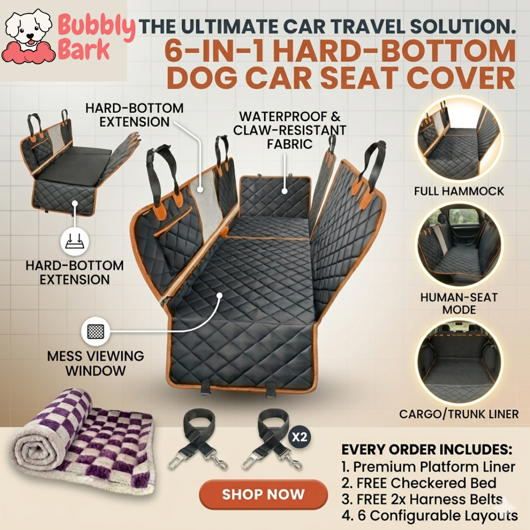 Bubbly Bark Facebook ad: Waterproof Dog Car Seat Hammock, 6-in-1 Back