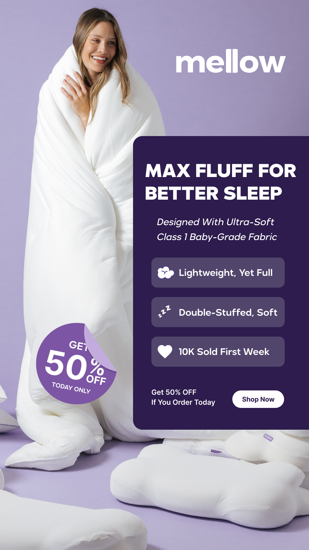Mellow Bedding Facebook ad from Mar 11, 2026