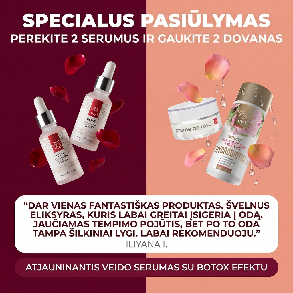 Šeimos Organinė Kosmetika - InaEssentials.lt Facebook ad: Pirk 2 Rose Elixir serumus, kremas ir Hydrobiotic dovanų