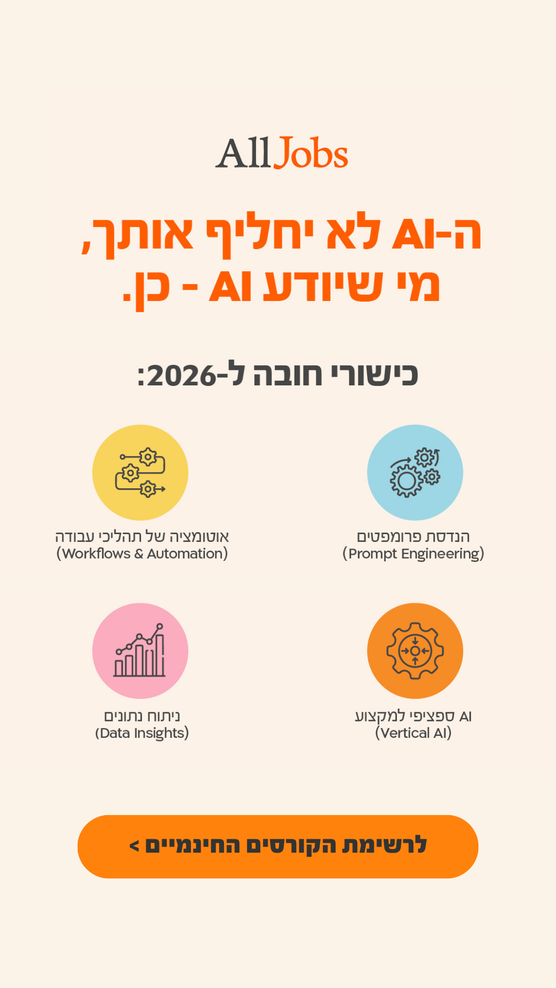 AllJobs אולג'ובס Facebook ad: ה-AI לא יחליף אתכם, אבל מי ששולט בו כן. מדריך הכשרות 2026…