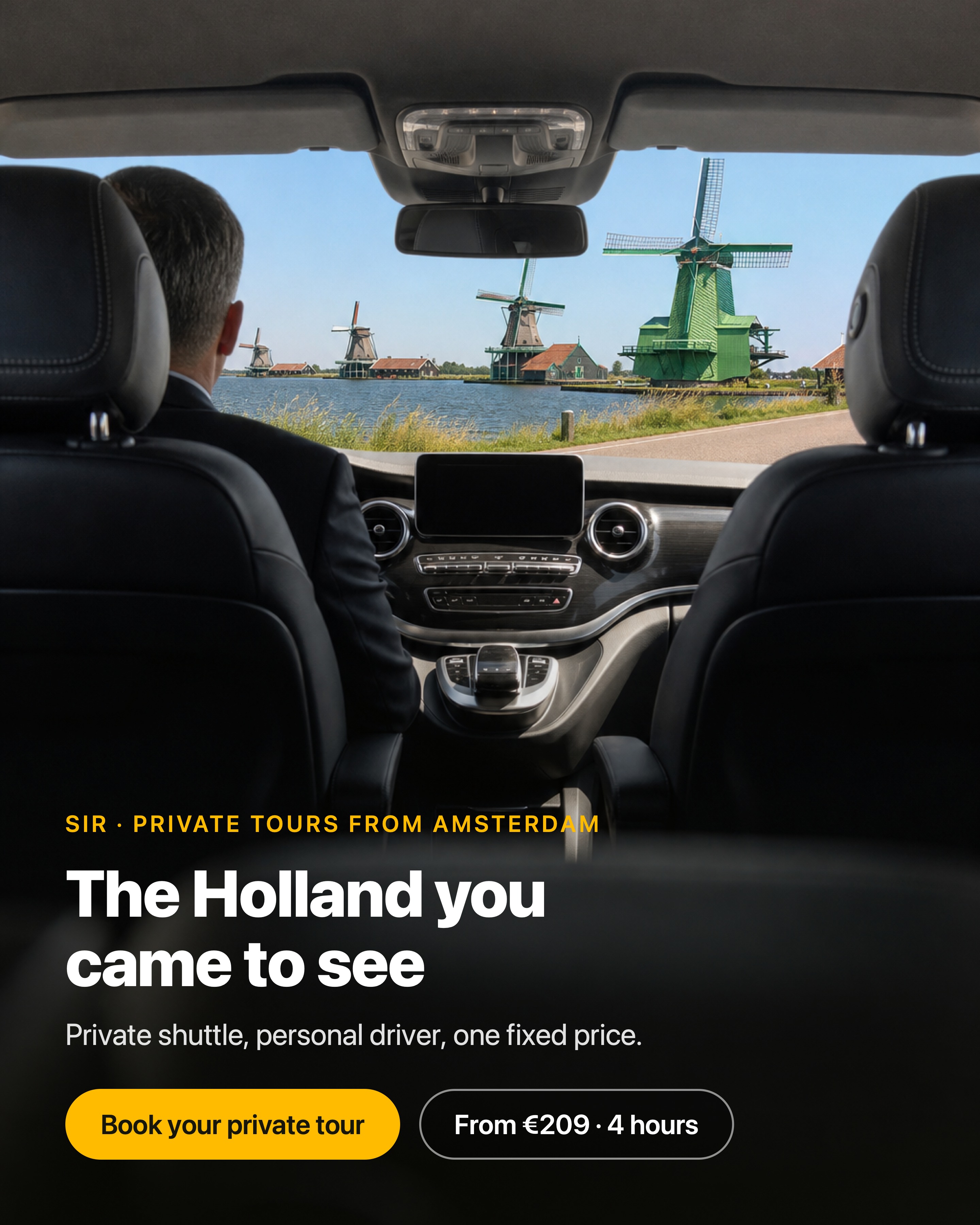 SIR Taxi Amsterdam Facebook ad: Private Windmill Tour, One Flat Price