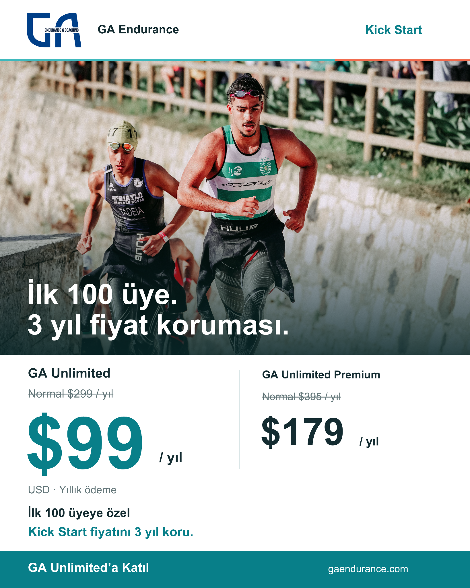 GA Endurance Coaching Facebook ad: İlk 100 Üye. 3 Yıl Fiyat Koruması.