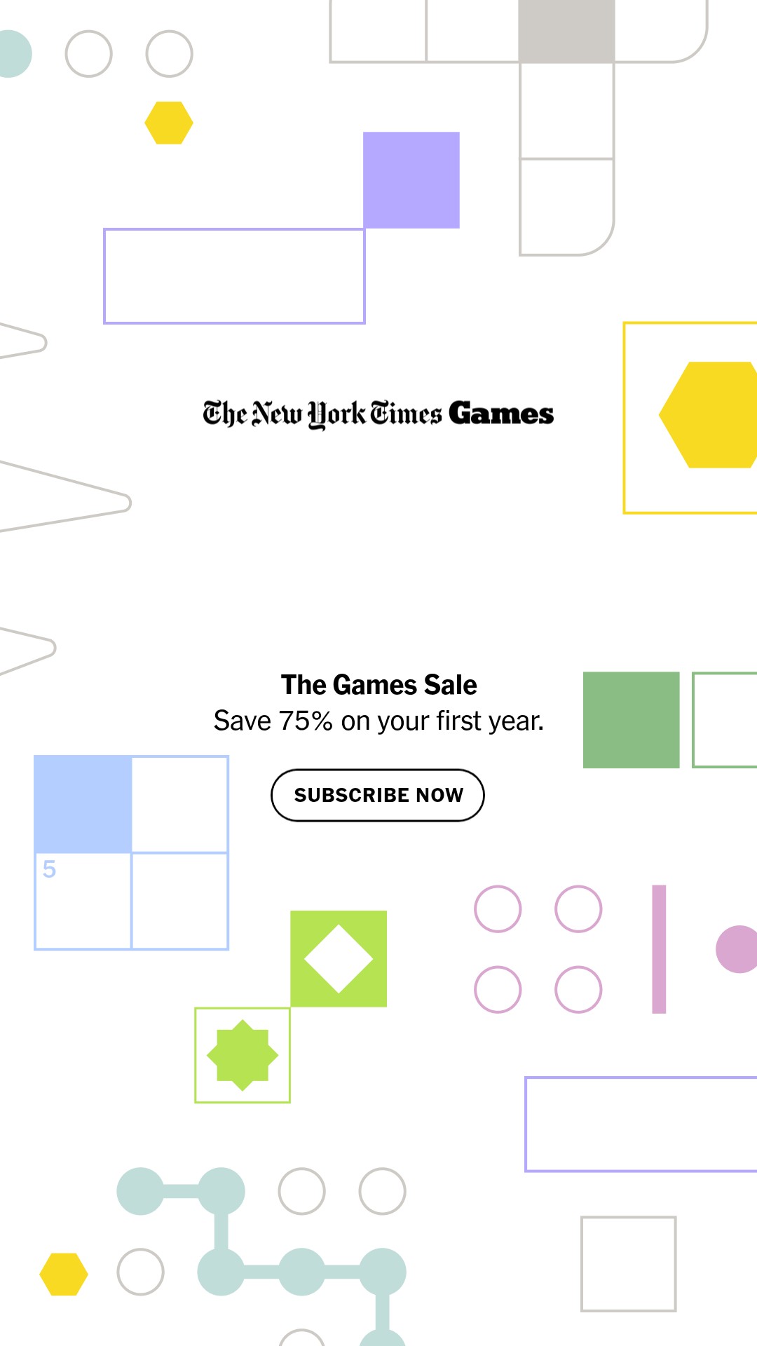 The New York Times Facebook ad: NYT Games: Save 75%.