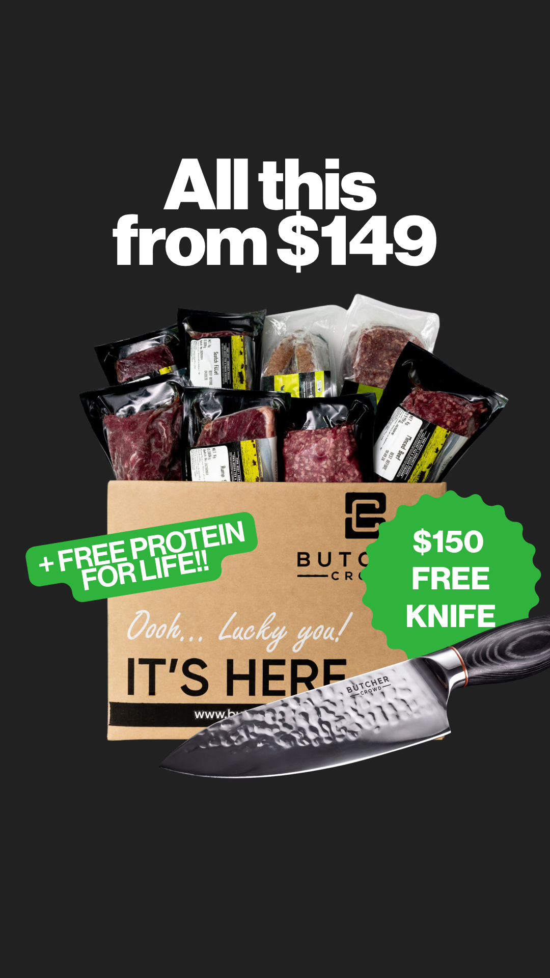 ButcherCrowd Facebook ad: All This From $149 + a Free $150 Knife